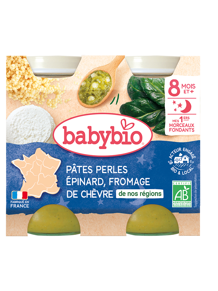 Babybio Bonne Nuit Pâtes Perles Fromage de Chèvre Épinard 8 Mois et + Bio 2 Pots de 200 g